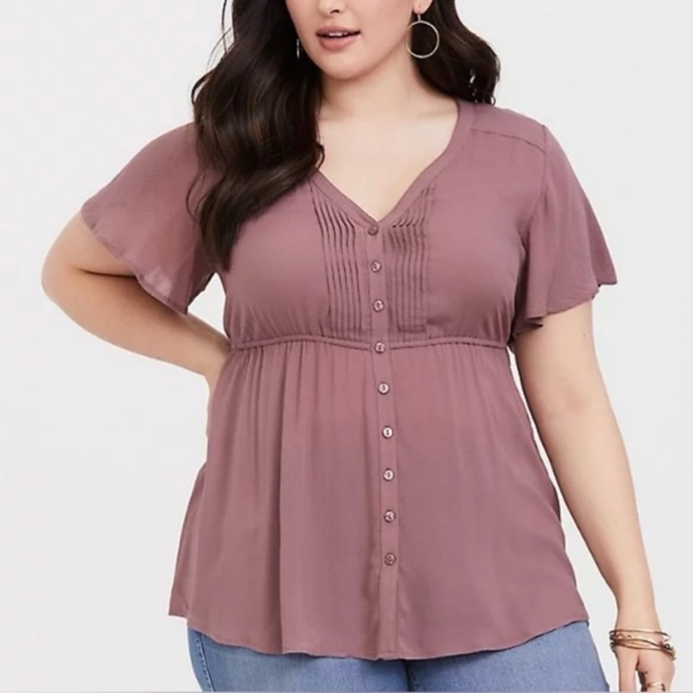 NWT Torrid Dusty‎ Rose Dobby Textured Button Down Flutter Short Sleeve Blouse 4X